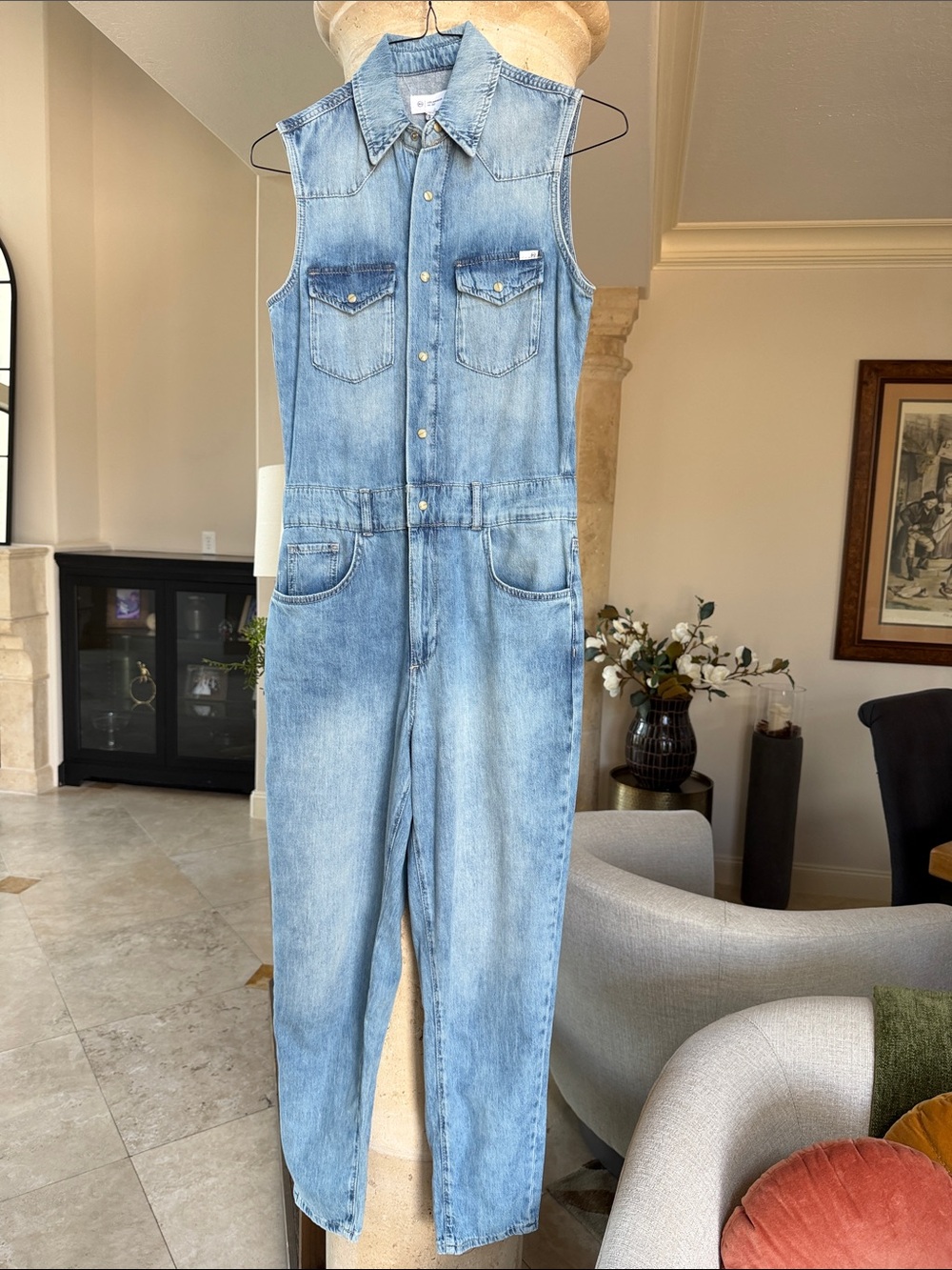 AG Adriano Goldschmied Light Wash Denim Sleeveless Jumpsuit Color Waverly Drive